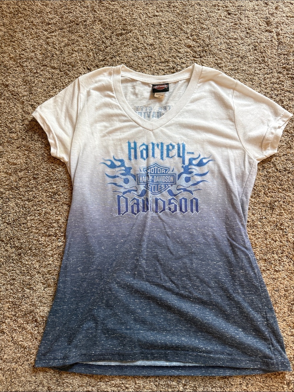 Harley-Davidson Women's White-to-Blue Ombre V-Neck Tee with Blue Logo
